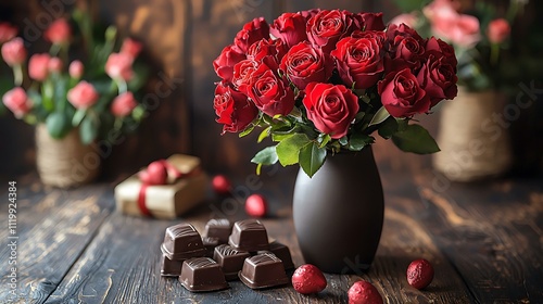 Fototapeta Naklejka Na Ścianę i Meble -  Red roses in a vase surrounded by chocolates and a beautifully wrapped Valentine's Day gift
