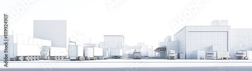 White model of city logistics with trucks and buildings.