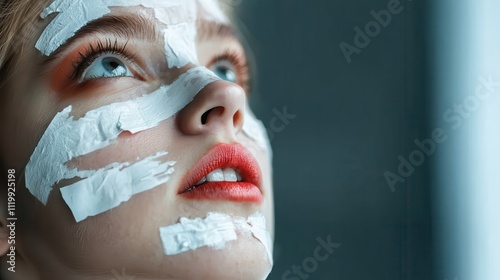 An upward angled view of a face featuring artistic white textured patches over skin, emphasizing a modern and creative exploration of beauty and identity. photo