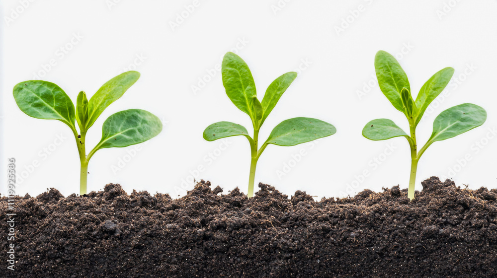 A vibrant young plant sprout emerging from rich, dark soil, sharply contrasted against a clean white background A vibrant young plant sprout emerging from rich, dark soil, sharply contrasted against a clean white background