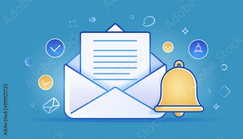 A digital illustration of an envelope with a notification bell, symbolizing email alerts and communication.