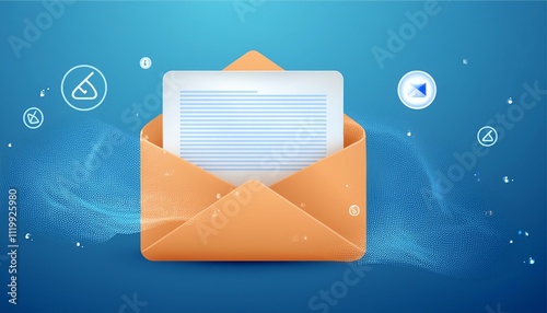 A digital illustration of an orange envelope with a letter inside, surrounded by icons representing email and communication.