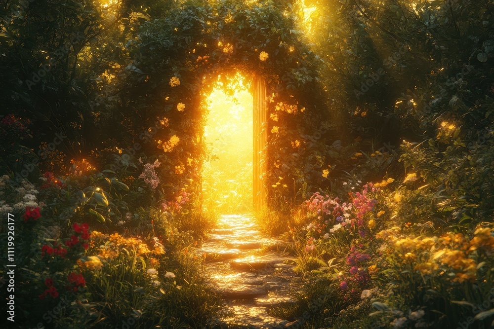 Obraz premium Enchanting Sunlit Garden Pathway Through Floral Archway in Lush Forest Setting