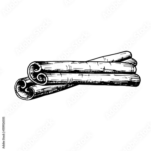 Hand drawn vector illustration of crossed cinnamon sticks in detailed black and white line art. Perfect for use in Christmas holiday, culinary and aromatic themed designs, packaging, creative projects