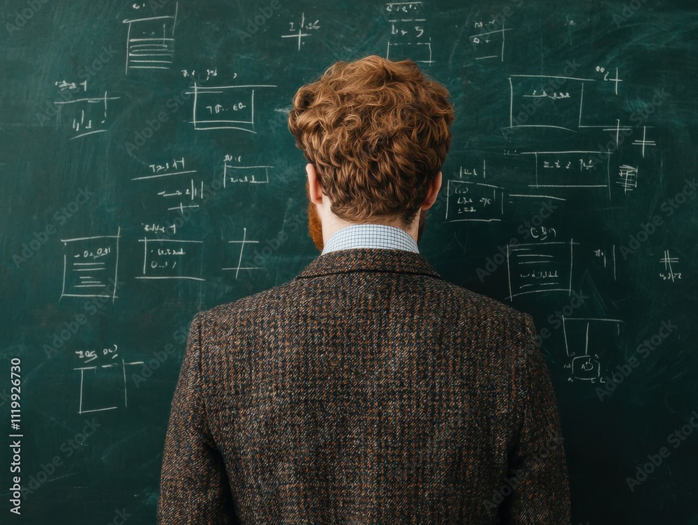 A man in a tweed jacket stands before a chalkboard filled with mathematical equations, deep in thought or contemplation. A man in a tweed jacket stands before a chalkboard filled with mathematical equations, deep in thought or contemplation.