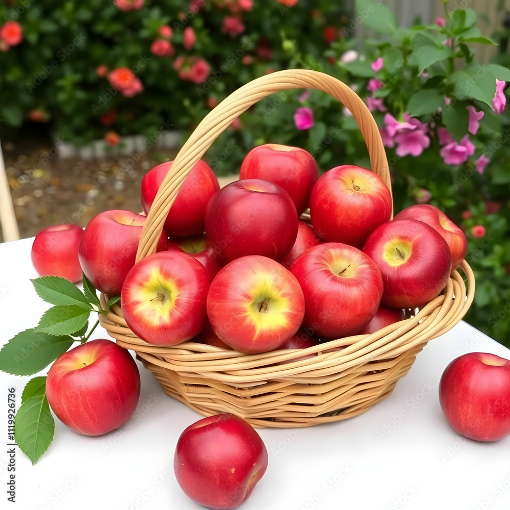 Basket of ripe red apples on a table in a summer garden Basket of ripe red apples on a table in a summer garden
