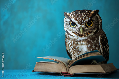 Wallpaper Mural Wisdom and education concept image with a wise owl reading a book on blue background with copy space, Torontodigital.ca