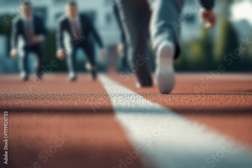 closeup,On the starting line, you can see business mans in a suits, squatting and sprinting, photo