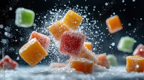 Colorful fruit cubes, generously dusted with sugar, float artistically in mid-air. A clean, modern composition captures the playful essence of the treats.