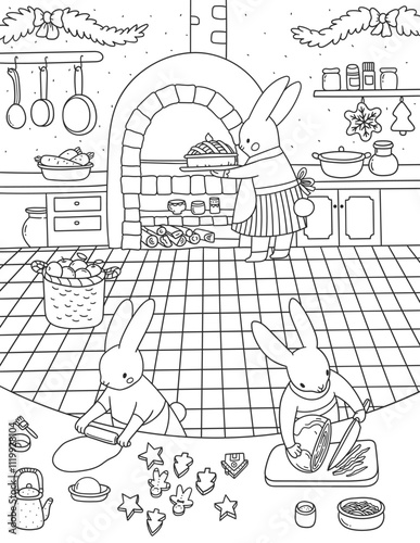A family of rabbits is preparing a Christmas dinner. Cute animal cartoon characters in kitchen for New Year coloring book. Funny bunnies.