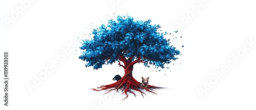 Blue tree with red roots, dog and bird beneath. photo