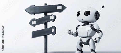 Robot facing a decision, three-way signpost. photo