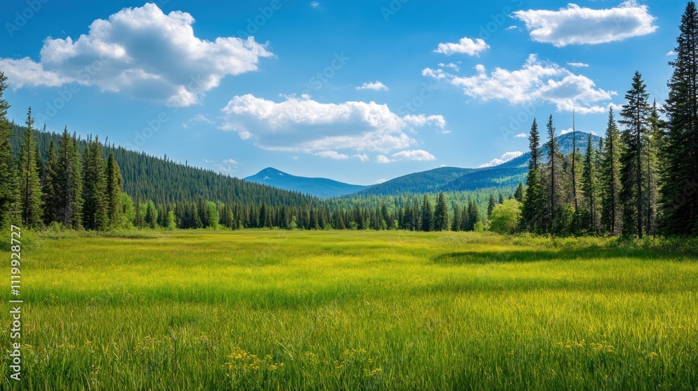 Serene Mountain Meadow Landscape Under a Summer Sky Serene Mountain Meadow Landscape Under a Summer Sky