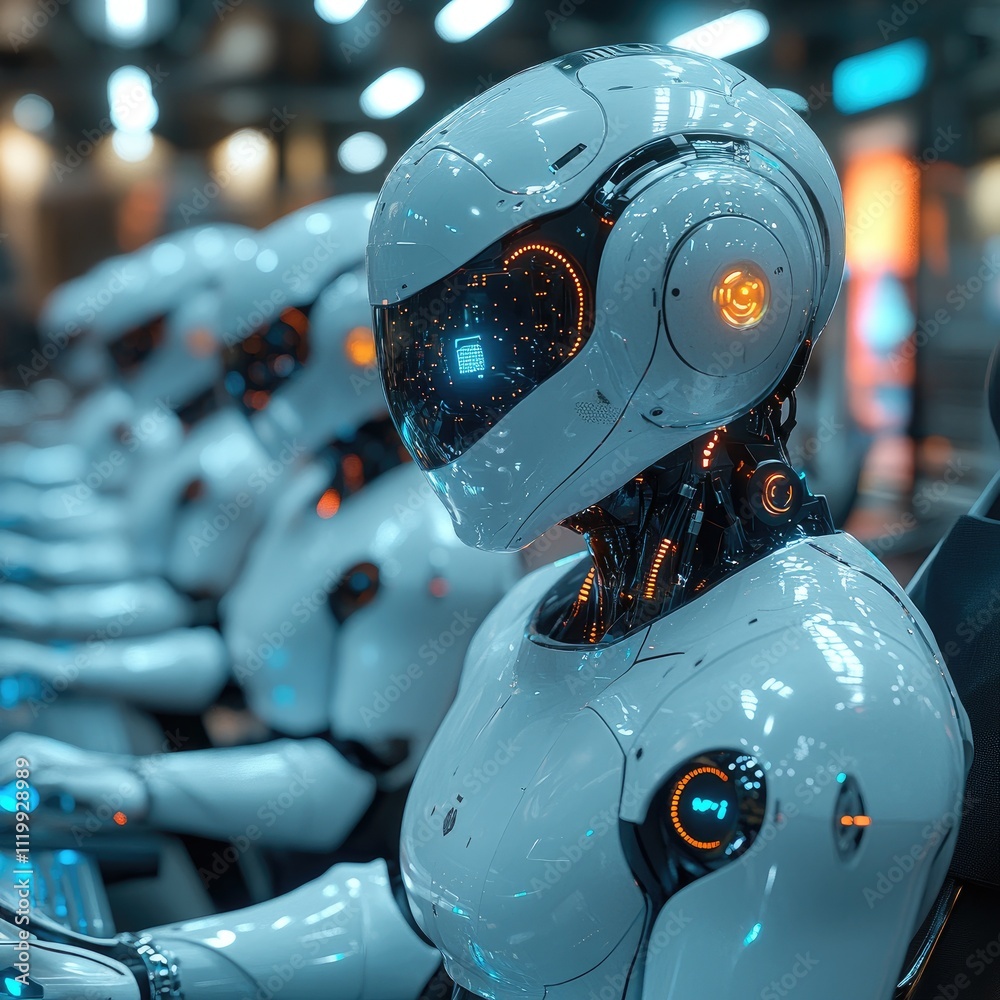 Futuristic robots in a row, glowing eyes. Futuristic robots in a row, glowing eyes.