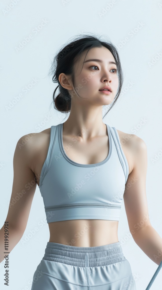 春のエネルギーとシンプルさを取り入れた、スポーツウェアを着た若い女性のミニマルなポートレート 春のエネルギーとシンプルさを取り入れた、スポーツウェアを着た若い女性のミニマルなポートレート