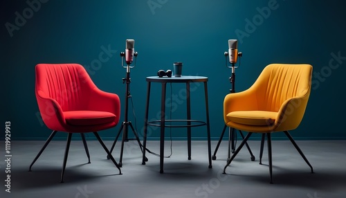 Modern podcast studio setup with colorful armchairs, microphones, and a small table against a teal backdrop. Ideal for broadcasting, communication, and media concepts.