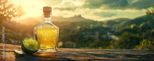 A bottle of tequila with a slice of lime on a wooden table, with a blurred background of a Mexican landscape. Generative AI.