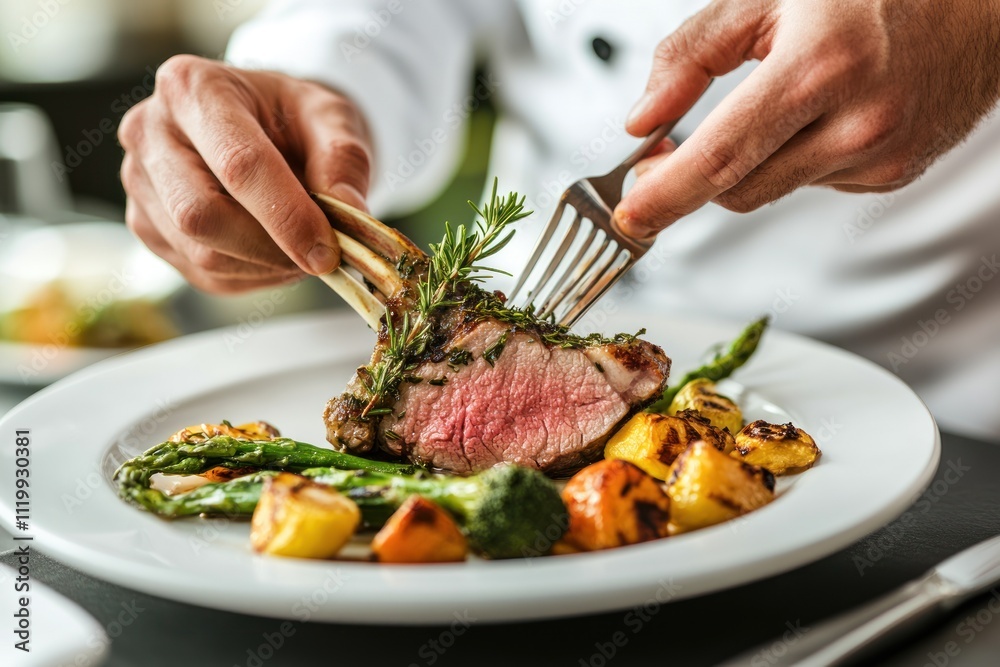 A chef plating a gourmet dish with grilled vegetables and herbs. A chef plating a gourmet dish with grilled vegetables and herbs.
