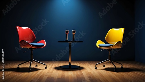 Modern interview setup two colorful chairs and microphones on a small table against a dark blue wall. Ideal for podcast, interview, or discussion concepts.