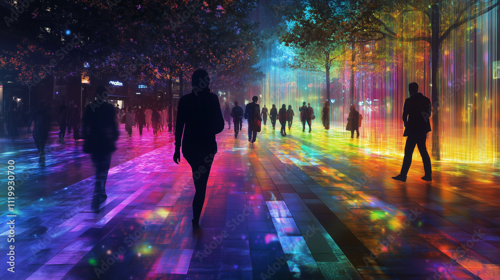 people walking in the city at night with colorful light people walking in the city at night with colorful light