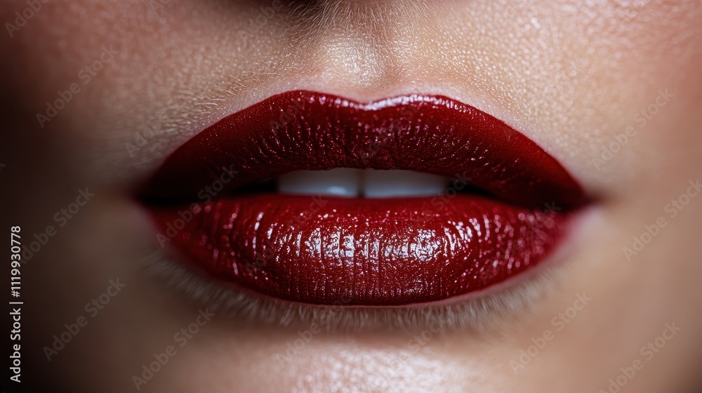 Close-up image of glossy red lips showcases the rich color and texture with vivid clarity, presenting a symbol of fashion and elegance in modern beauty aesthetics. Close-up image of glossy red lips showcases the rich color and texture with vivid clarity, presenting a symbol of fashion and elegance in modern beauty aesthetics.