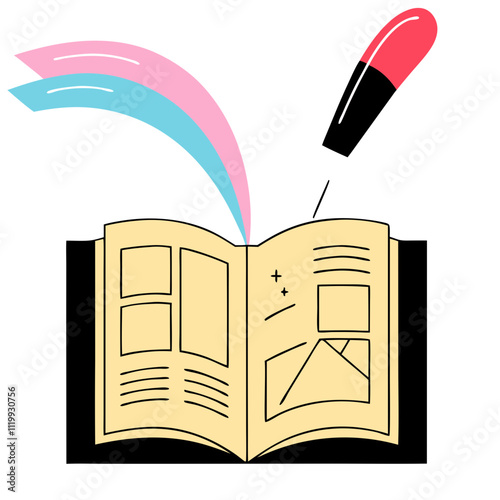 Open Book Icon with Brush Strokes Representing Academic Creativity. Perfect for: Art festivals, academic expos