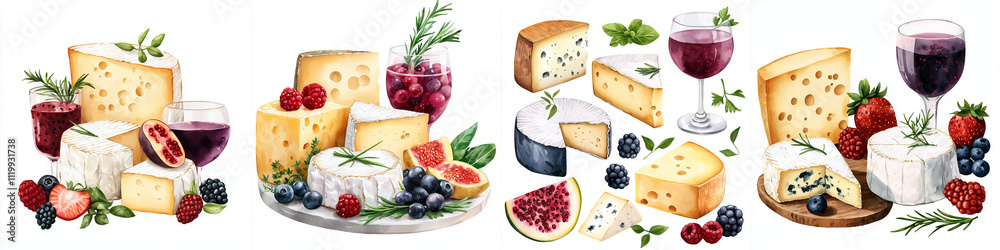 watercolor selection of soft and hard cheeses with fruits and wine, showcasing delightful arrangement of flavors and textures. Perfect for gourmet platter watercolor selection of soft and hard cheeses with fruits and wine, showcasing delightful arrangement of flavors and textures. Perfect for gourmet platter