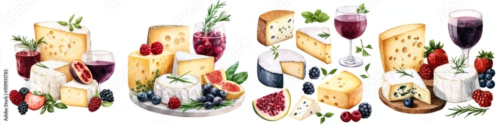 watercolor selection of soft and hard cheeses with fruits and wine, showcasing delightful arrangement of flavors and textures. Perfect for gourmet platter watercolor selection of soft and hard cheeses with fruits and wine, showcasing delightful arrangement of flavors and textures. Perfect for gourmet platter