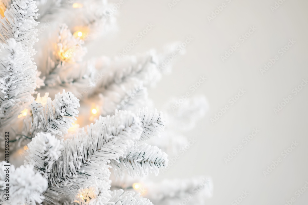 Close-up of snowy branches against the backdrop of Christmas lights