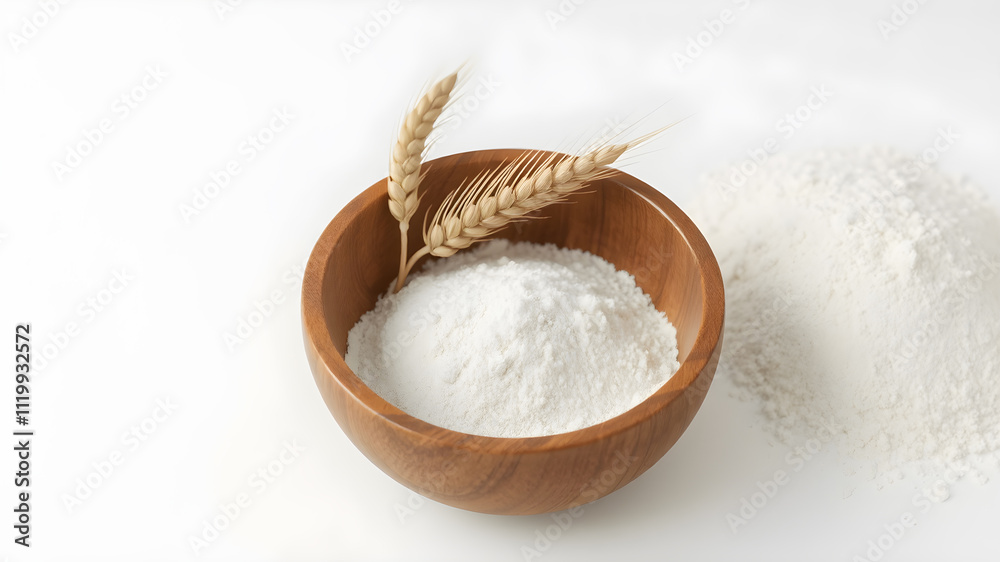 Pile of flour in a wooden plate with spikelets of wheat close-up on a white background. Isolated. Pile of flour in a wooden plate with spikelets of wheat close-up on a white background. Isolated.