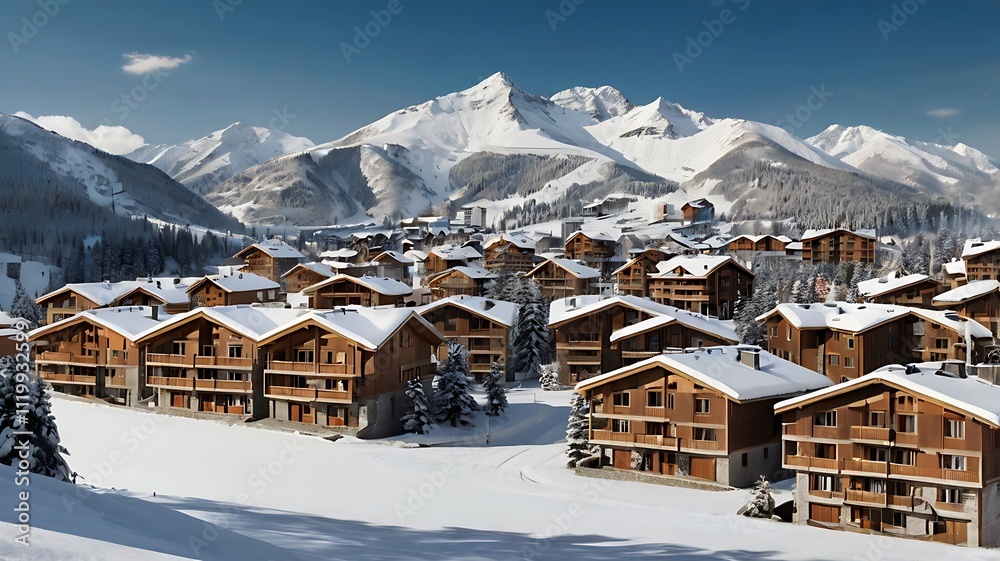Fototapeta premium Snowy Mountain Village Alpine Chalets Winter Scene