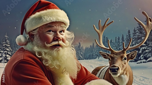 santa claus with reindeer and christmas tree