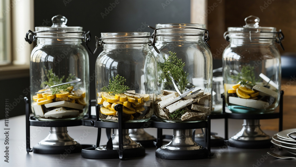 Four glass jars on a metal stand. Inside are yellow objects, herbs, and other items.
Four glass jars on a metal stand. Inside are yellow objects, herbs, and other items.
