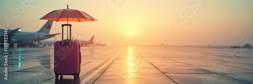 A vibrant travel scene featuring a pink suitcase and an umbrella against a stunning sunset at an airport, symbolizing the importance of travel insurance for peace of mind.