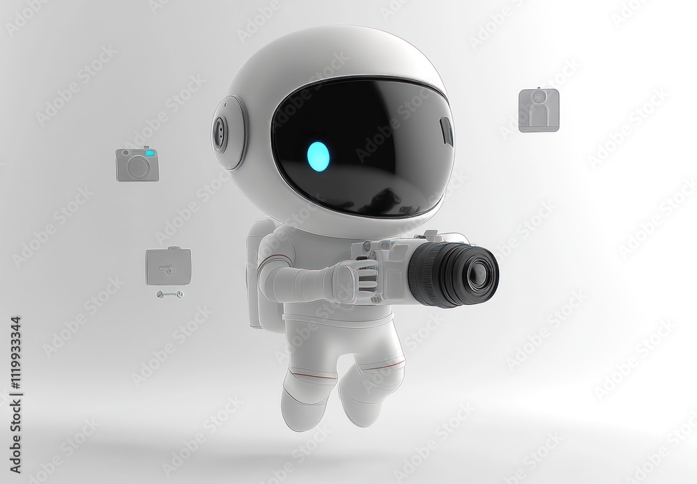 A cute astronaut character holding a camera in a minimalist environment. A cute astronaut character holding a camera in a minimalist environment.