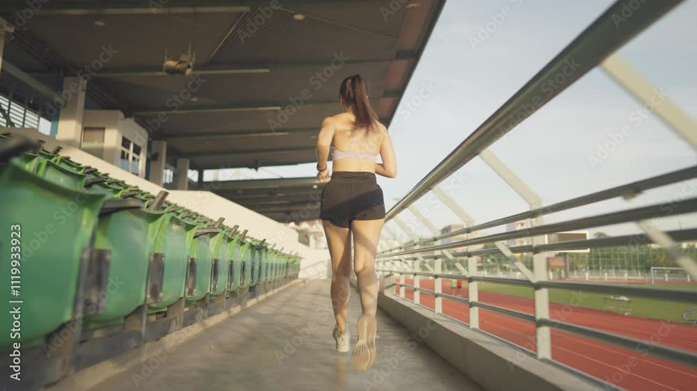 A woman runs on a track with a railing in the background. Concept of determination and focus as the woman pushes herself to run faster. The setting of the track