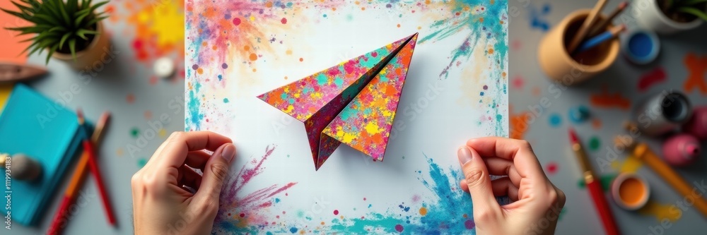 Fototapeta premium A vibrant, creative workspace featuring colorful paper, paints, and a handmade paper airplane, symbolizing adventure and the importance of travel insurance.