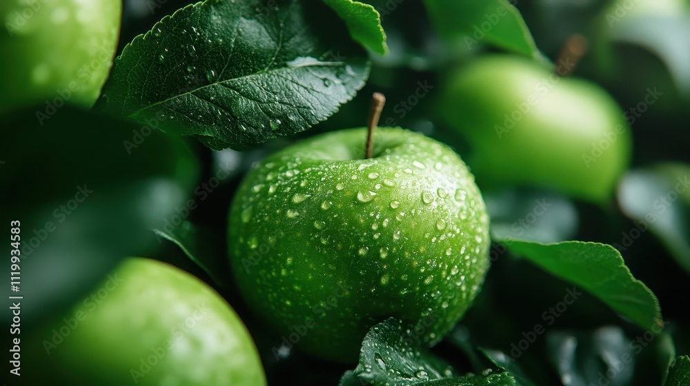 Close-up of vibrant green apples sprinkled with fresh morning dew, surrounded by rich green leaves, capturing the essence of freshness and natural beauty in the orchard. Close-up of vibrant green apples sprinkled with fresh morning dew, surrounded by rich green leaves, capturing the essence of freshness and natural beauty in the orchard.