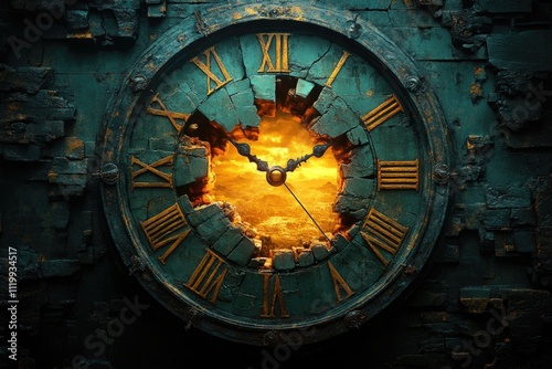 Ancient broken clock with a fiery sky visible through the center