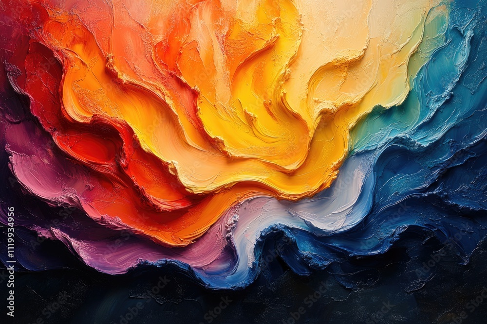 Abstract colorful oil painting with vibrant waves of red, orange, yellow, blue, and purple Abstract colorful oil painting with vibrant waves of red, orange, yellow, blue, and purple