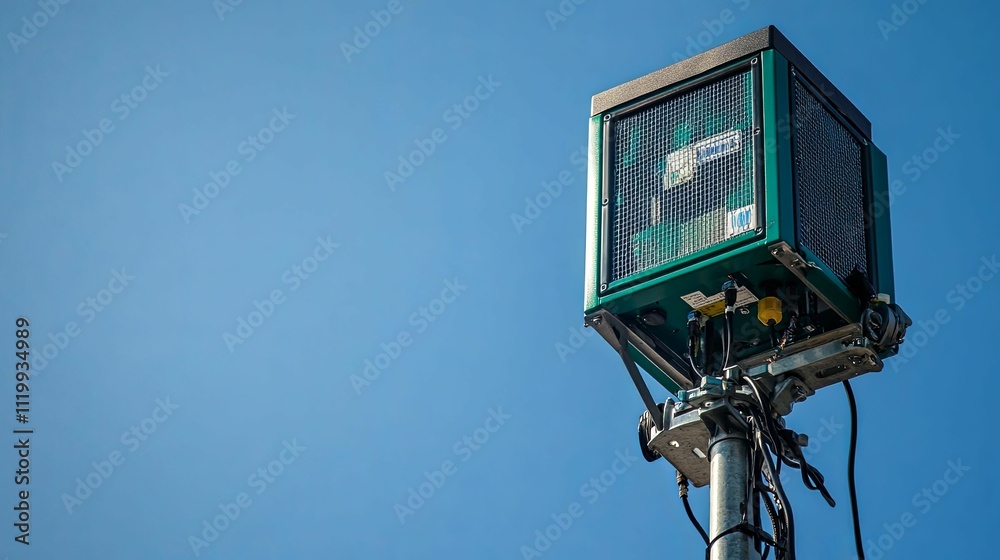 Green Weather Monitoring Station Against Clear Blue Sky Green Weather Monitoring Station Against Clear Blue Sky