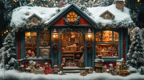 Christmas toy store window display with wooden toys and snowy decor