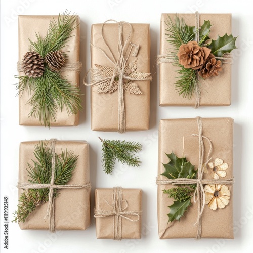 Eco-friendly gift packaging in kraft paper displayed on a white background, framed as a Christmas eco decor, with gift boxes isolated.