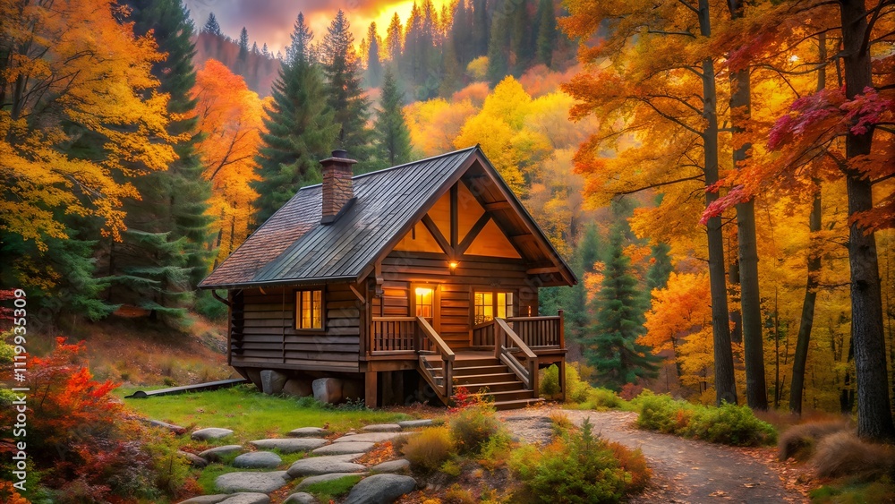 Rustic wooden cabin nestled in a vibrant autumn forest with a warm inviting glow from the windows. Rustic wooden cabin nestled in a vibrant autumn forest with a warm inviting glow from the windows.