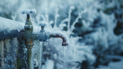 A winter scene of frozen water pipes and an ice-covered faucet