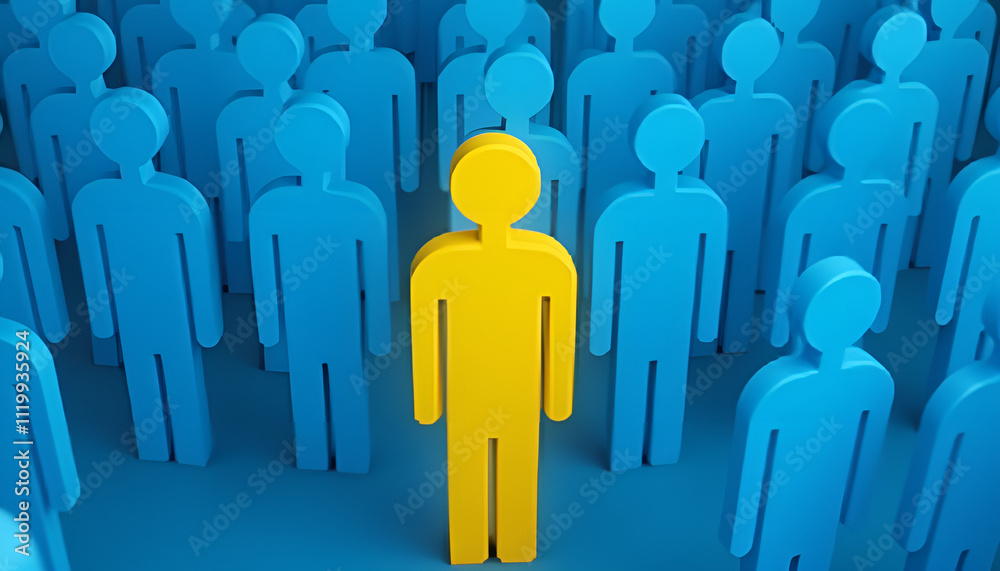 One yellow human figure among numerous blue figures in a crowd representing individuality. One yellow human figure among numerous blue figures in a crowd representing individuality.