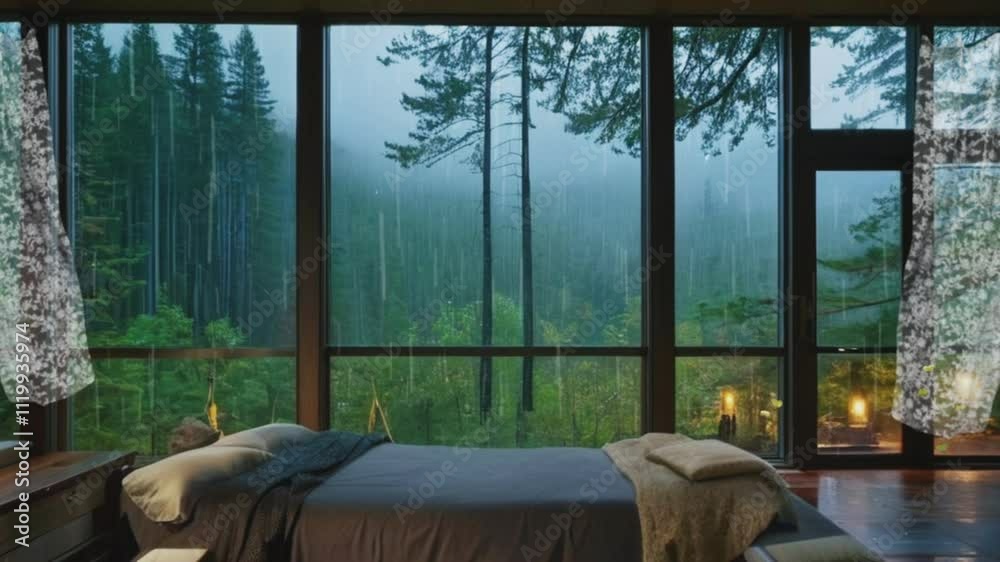 Cozy bedroom with a stunning rain view through large windows on a peaceful night in a serene mountain setting. Seamless looping 4k video background. 