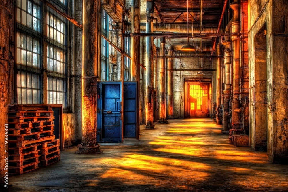 An industrial corridor with blue doors and warm lighting, showcasing an abandoned atmosphere. An industrial corridor with blue doors and warm lighting, showcasing an abandoned atmosphere.