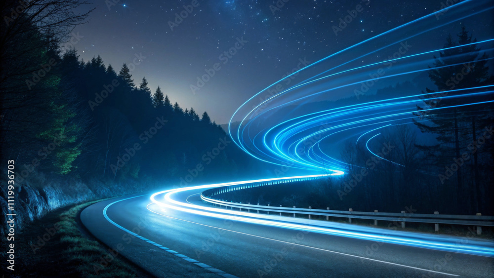 Blue light trails curve along a road through a forest at night, creating a dynamic and futuristic atmosphere. Stars twinkle in the sky, adding to the serene yet energetic scene.AI generated. Blue light trails curve along a road through a forest at night, creating a dynamic and futuristic atmosphere. Stars twinkle in the sky, adding to the serene yet energetic scene.AI generated.
