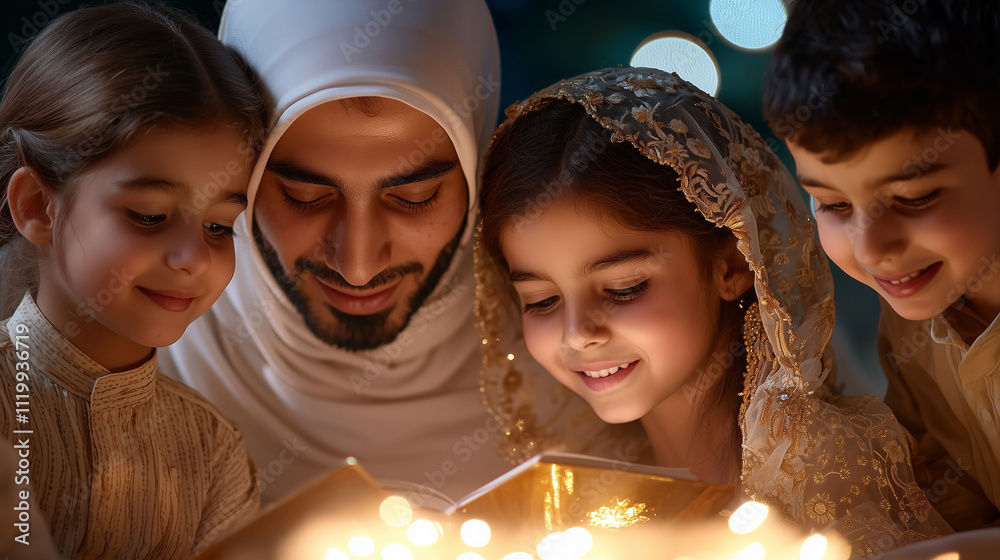 Parent Reading Stories to Children in Warm Light Parent Reading Stories to Children in Warm Light